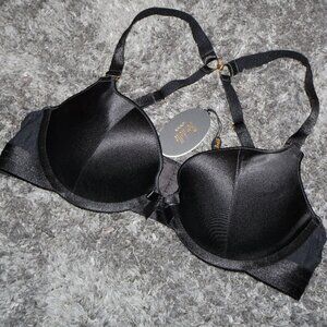 Bordelle black silk push up pushup bra 24k gold strappy mesh NWT NEW L Large